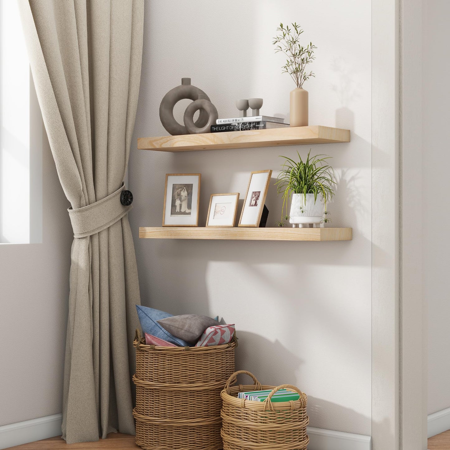 fuqing 30 Inch Floating Shelves | Natural Wood Wall Shelves Set of 2 | 30" W x 6.7" D Natural Wooden Floating Shelves for Living Room Bedroom Home Office