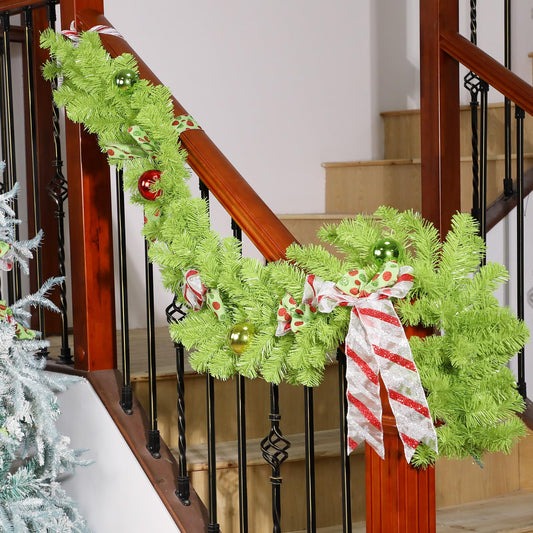 Solsew 12 ft Bright Green Whimsical Christmas Garland Holiday Garlands Indoor Outdoor Christmas Greenery Garland Decoration for Stairs Fireplace Railing Mantel Front Door Porch(Not Include Ball, Bow)