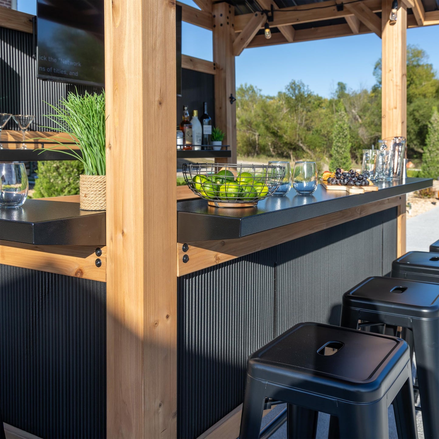 Backyard Discovery Palisade 9' x 6' Cedar Wood Outdoor Bar Set with Galvanized Steel Roof, Bar Top, Shelving, Snow Load Support, Wind Resistance, PowerPort for Patio, Deck, Entertaining