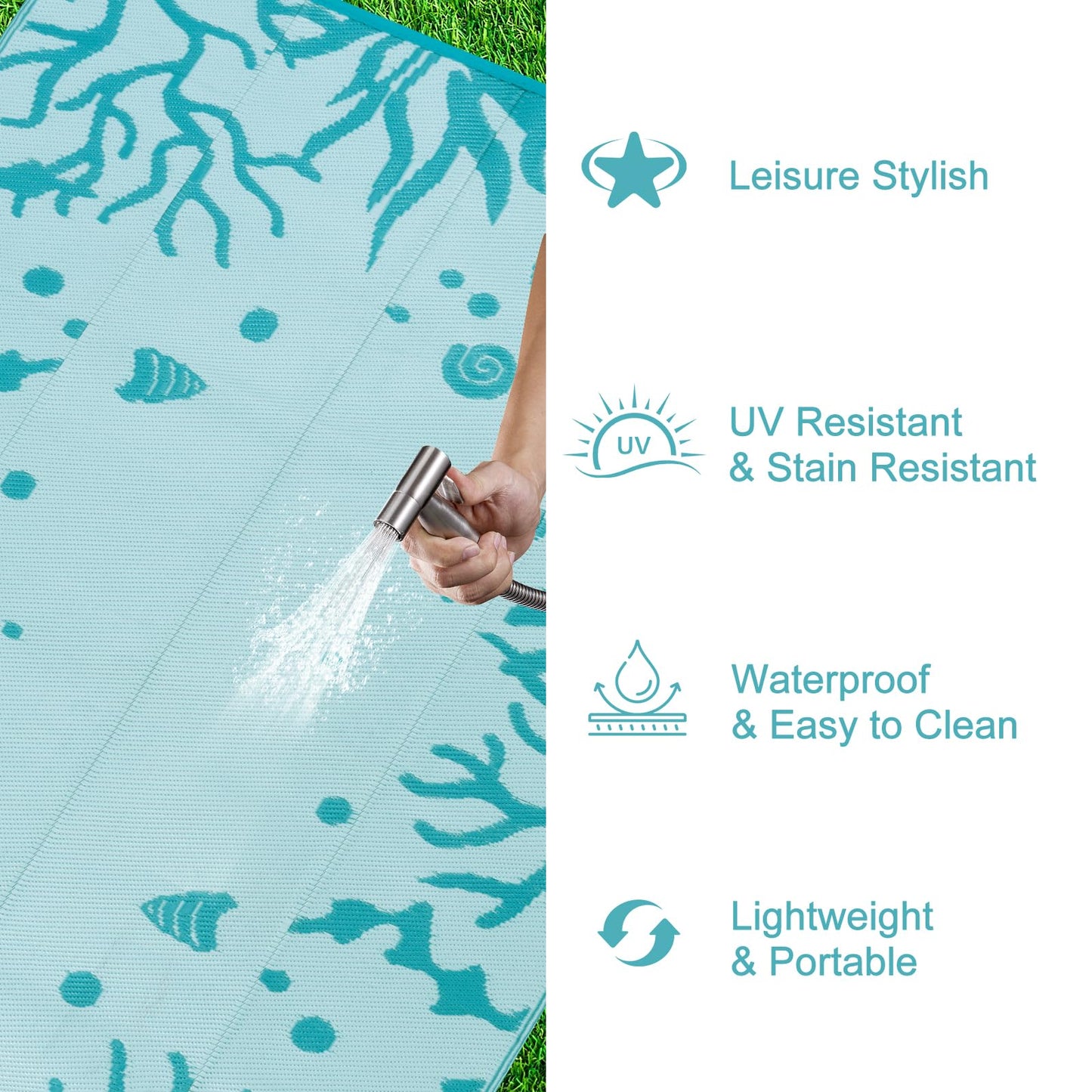 Uphome Coastal Outdoor Rug Waterproof 8x10, Reversible Ocean Beach Theme Patio Plastic Straw Rugs, RV Camping Outside Carpet Mat for Pool Back Yard Deck Picnic, 8 x 10 ft