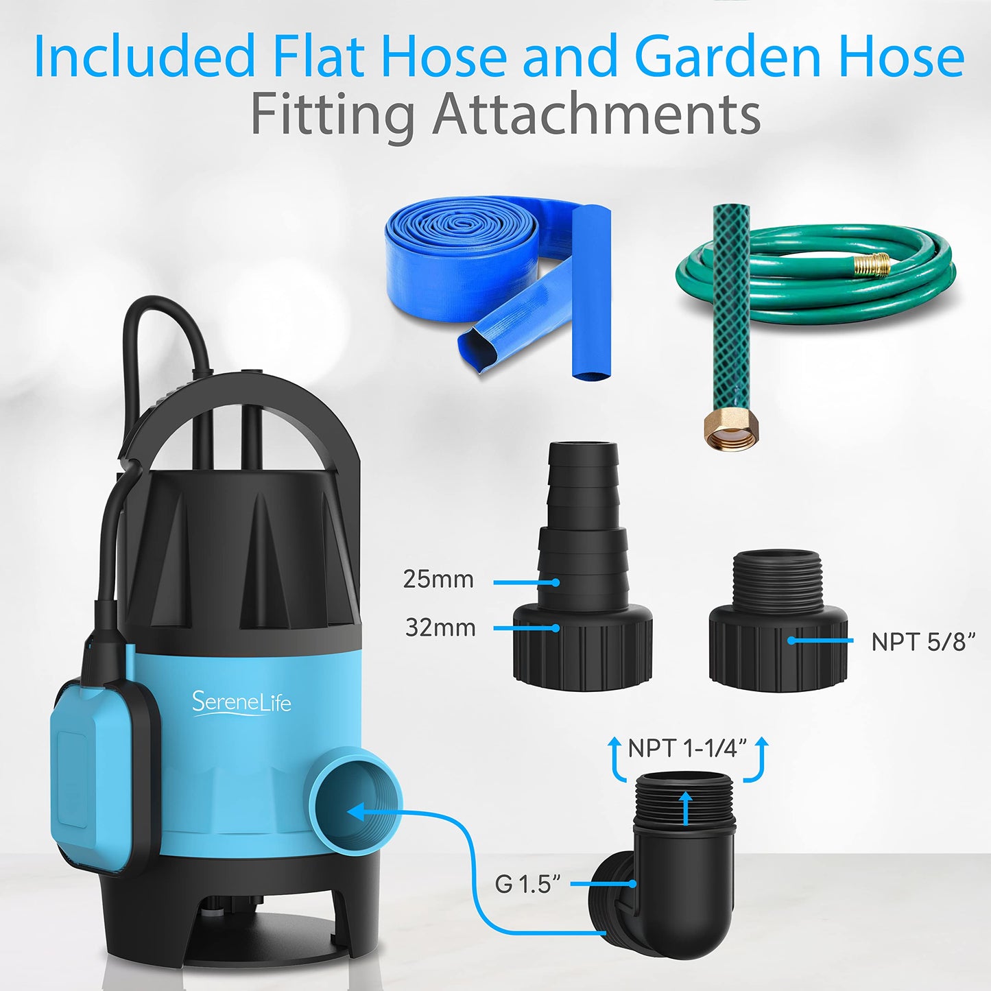 SereneLife 400W Submersible Pump Clean Dirty Water Powerful Utility Sump Pump Auto Float Switch,16 ft. Cord, Basement, Yard, Swimming Pool, Pond, Flooded Area, Garden or Flat Hose
