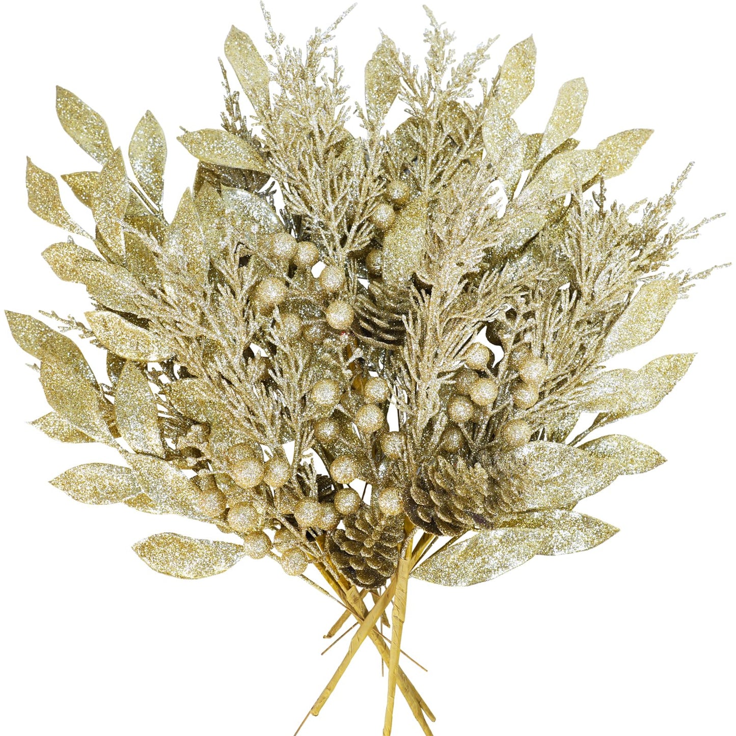 Winlyn 24 Pcs Christmas Glitter Artificial Leaf Picks Pine Needles Pinecone Berries Stems Champagne Glittered Christmas Tree Sprays for Holiday Floral Arrangements Centerpiece DIY Wreaths Garlands