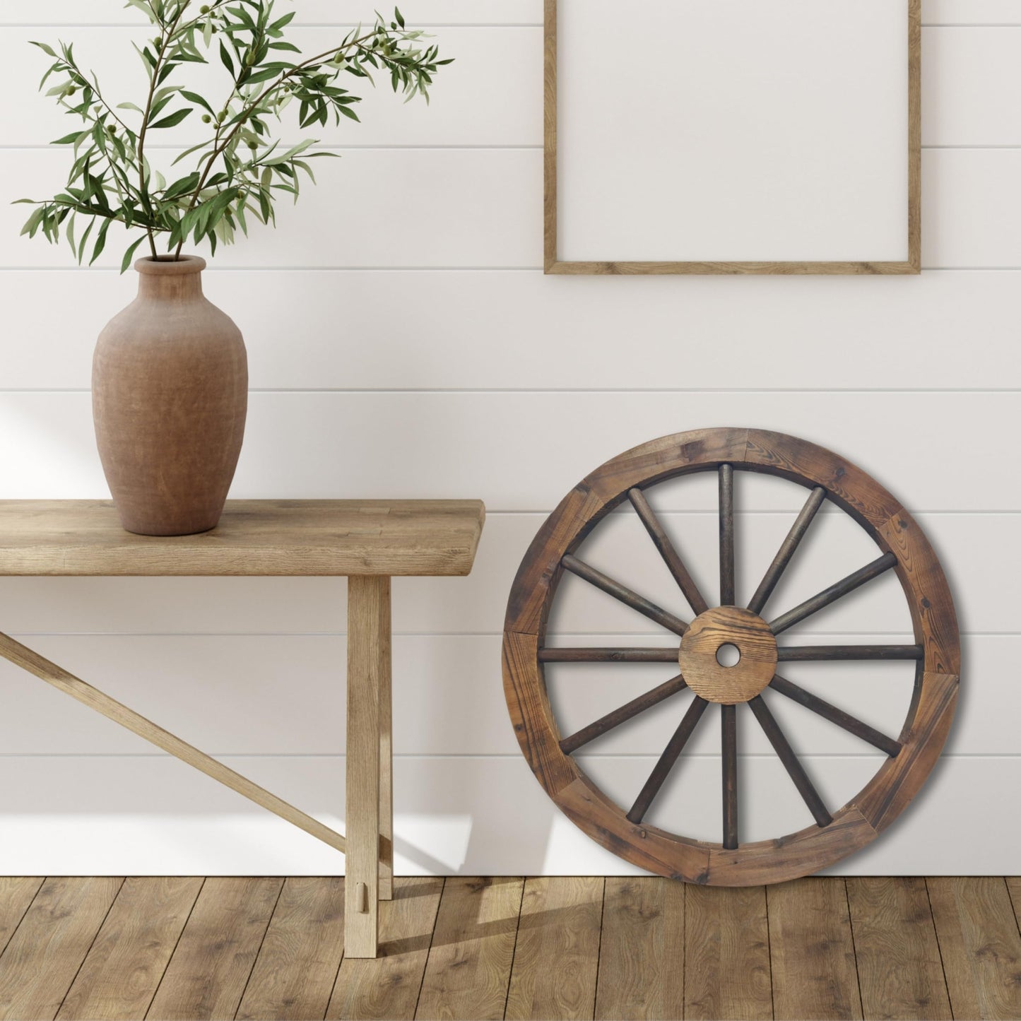 Rustic Western 24" Wood Wagon Wheel Decor, Fully Painted 1.2" Thick Farmhouse Country Barn Wall Art, 12-Spoke Sturdy Wood with Protective Coating for Indoor & Outdoor Display, Great Holidays Gift | Western Wall Art