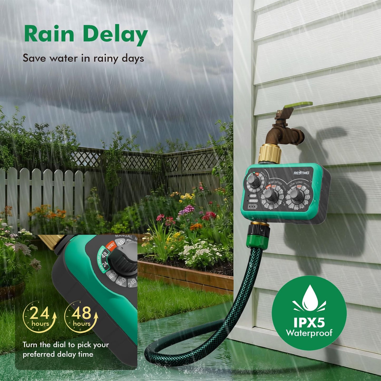 RESTMO 3-Dial Analog Sprinkler Timer with Brass Inlet & Outlet, Mechnical Water Timer for Garden Hose with Manual/Rain Delay, Automatic Drip Irrigation System, 480 Minutes Max Watering, Easy to Set Up