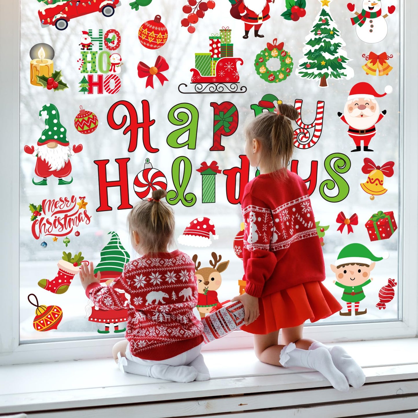 Whaline 9 Sheets Christmas Window Cling Stickers Xmas Santa Reindeer Cartoon Reusable Window Decals for Holiday Party Home Office Classroom Decoration
