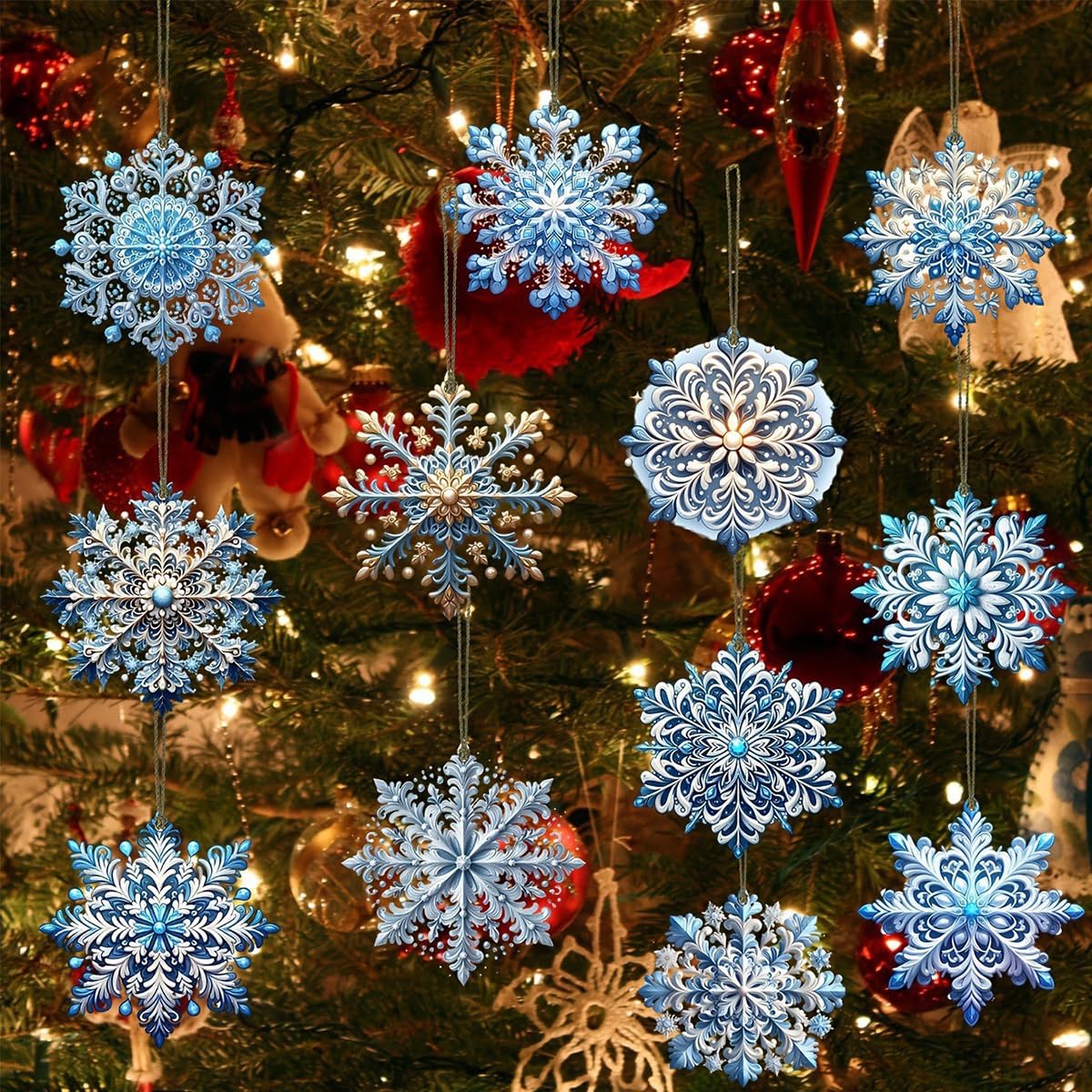 12Pcs Christmas Tree Decorations Christmas Snowflake Wooden Ornaments Christmas Decor Creative Blue Snowflake Christmas Ornaments for Tree Winter Home Decoration Holiday Party DIY Crafts