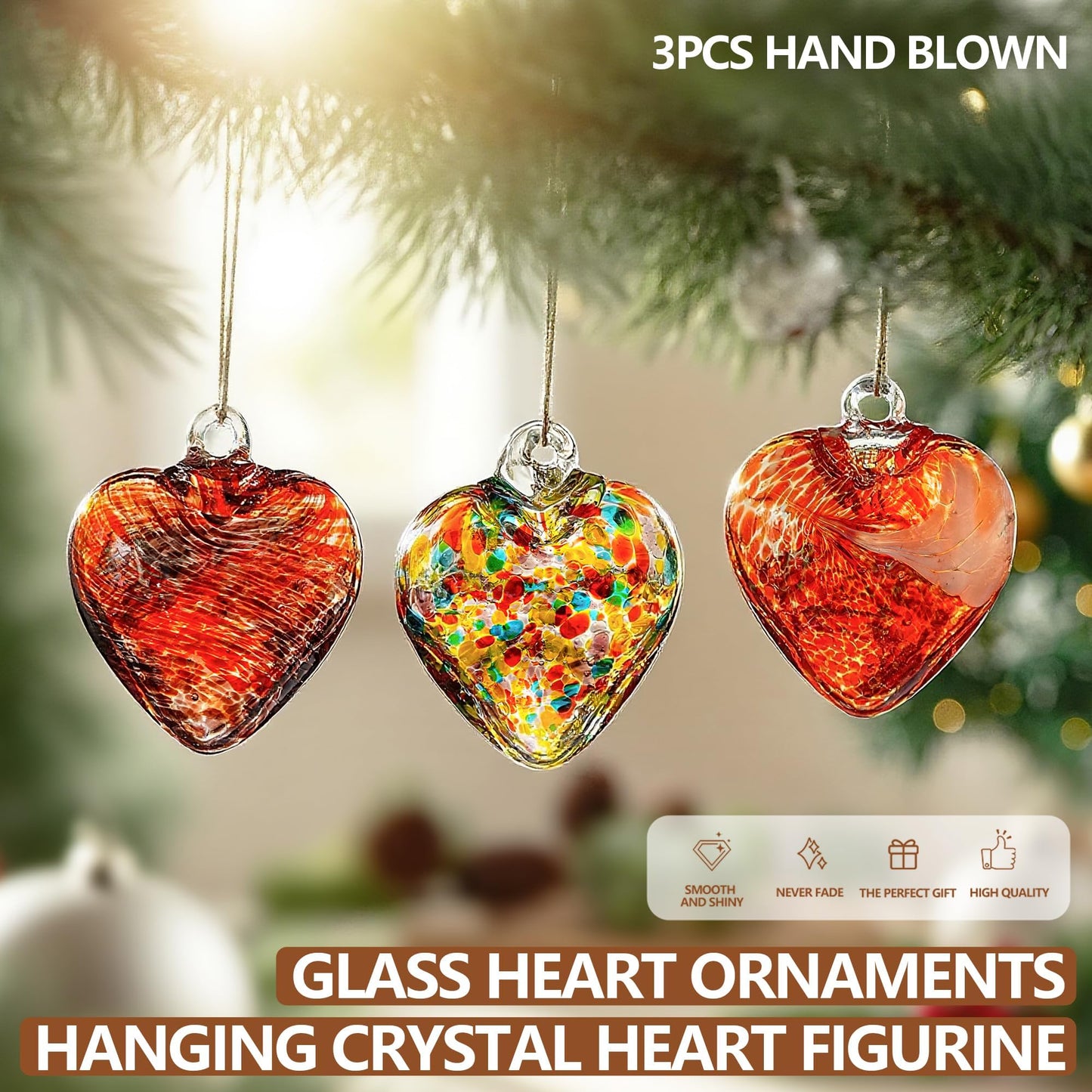 3Pcs Hand Blown Glass Heart Ornaments 3.5inch Hanging Crystal Heart Figurine for Home Garden Wedding Party Decor (Red)