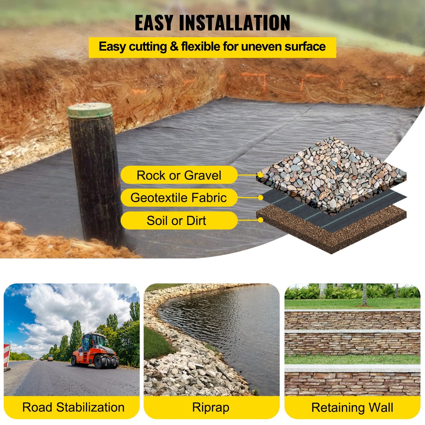 Happybuy Driveway Fabric, 13x60ft Commercial Grade Landscape Fabric, Garden Weed Barrier Fabric Heavy Duty, Geotextile Fabric Underlayment Gravel, Ground Cover Drainage Fabric, Weed Mat Cloth