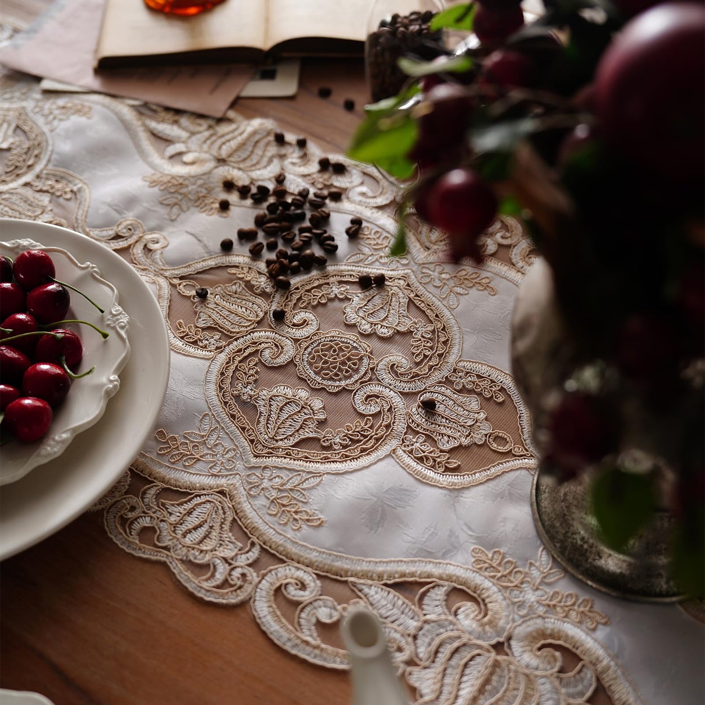 Artbloss Elegant Embroidered Lace Table Runner with Ornate Gold Floral Design Sheer Decorative Runner for Dining Table Wedding Reception Holiday Decor (Champagne Gold, 12“ x 124")