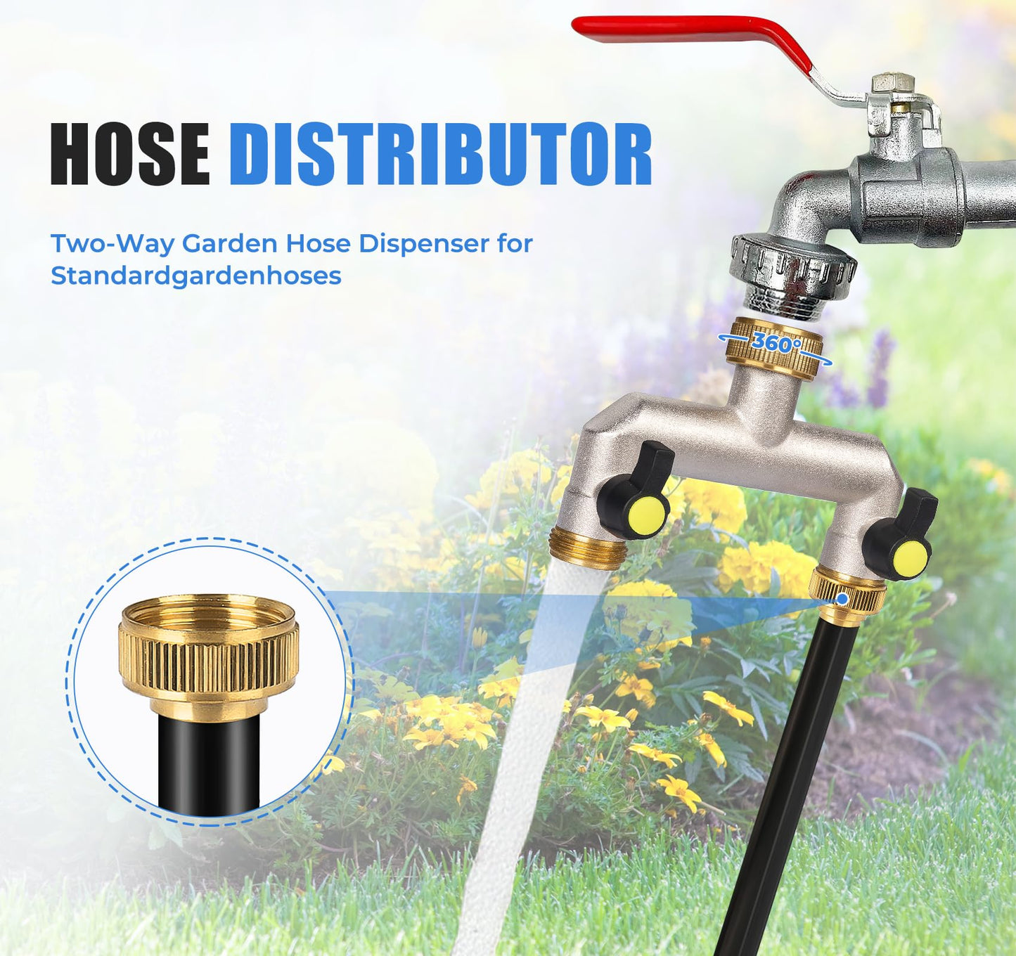 Anstore 2 Way Heavy Duty Faucet Splitter, Two Way Hose Splitter Brass Tee Valve with Handle 3/4" Garden Hose Connector Dual Outlet, Spigot Splitter 2 Way for Home, Yard, Washing Machine, Garden Hoses