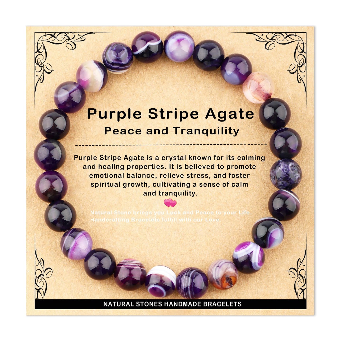 AD Beads 8mm Handmade Purple Stripe Agate Elastic Bracelet – Natural Gemstone for Peace and Tranquility – Meditation, Yoga, Healing and Energy Gift for Men Women