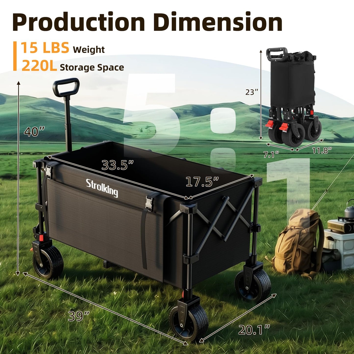 Strolking 220L Collapsible Wagon Cart, 39" L Extended Frame and 440Lbs Heavy Duty, Lightweight 15lbs Folding Garden Cart with Silent All-Terrain Wheels for Beach, Camping Grass and Grocery, Black