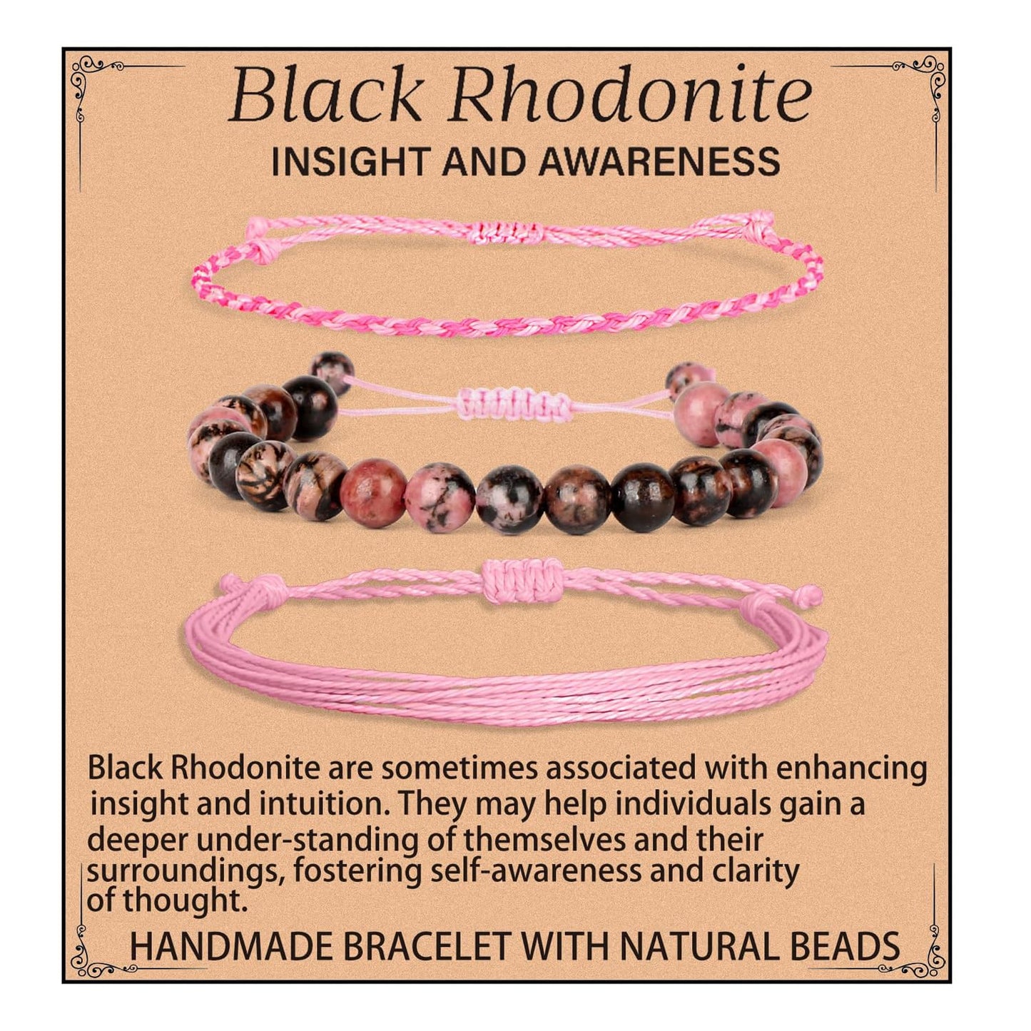 QOGIR Handmade Healing Stones Bracelet,8mm Natural Black Rhodonite Gemstone Beads Bracelet,for Men Women Gifts with 2PCS Size Adjustable Rope Bracelets