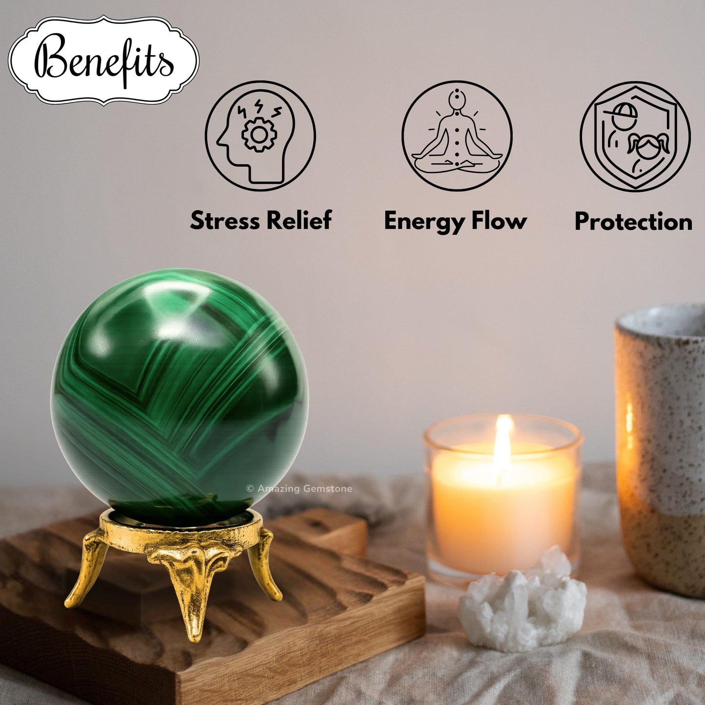 Amazing Gemstone Malachite Crystal Ball with Stand - 2" Inches Crystal Sphere Meditation Balls for Witchcraft and Decorative Balls