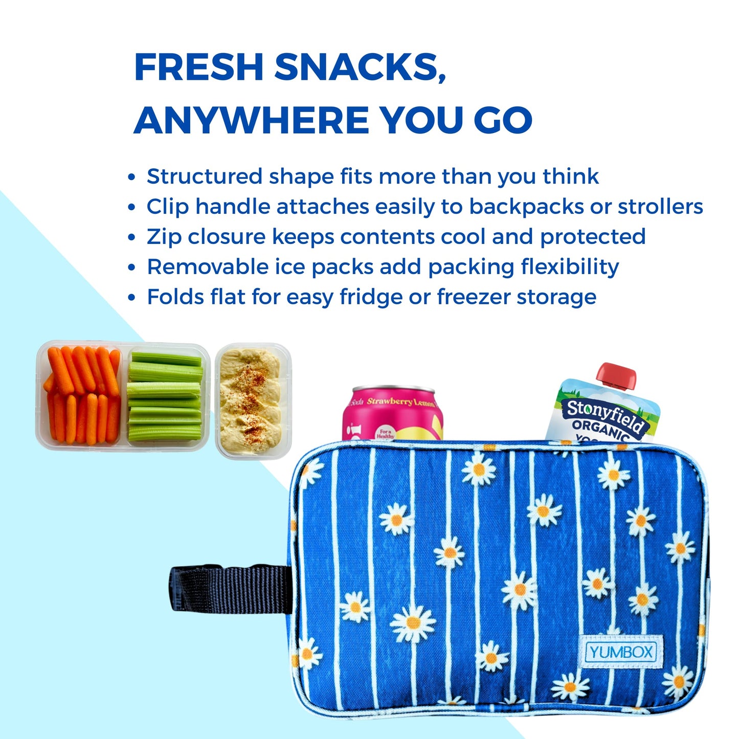 Yumbox Chill Snack Bags with 2 Removable Gel Ice Packs, Flexible Cooling, Insulated Lunch Bag, Wipe Clean fabric, Lined, Zipper Closure, Buckle Strap, Daisy Print