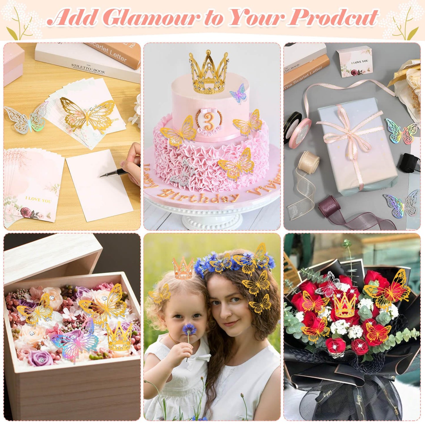 Tetutor 366 pcs Flower Bouquet Wrapping Paper,Waterproof Flower Floral Wrapping Paper Bouquet Sheets With Ribbons Pins 3D Butterflies and Crowns for Florist Wrap