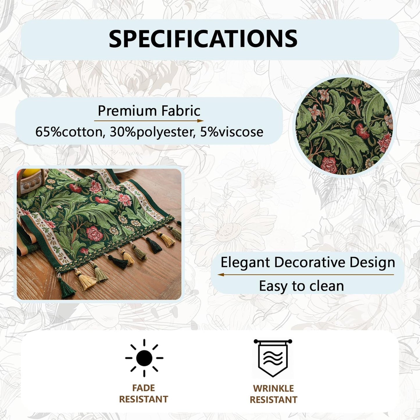 QGenuine Floral Table Runner with Tassel Edges, Cotton Blend Decorative Runner for Dining Table, Spring Table Decor