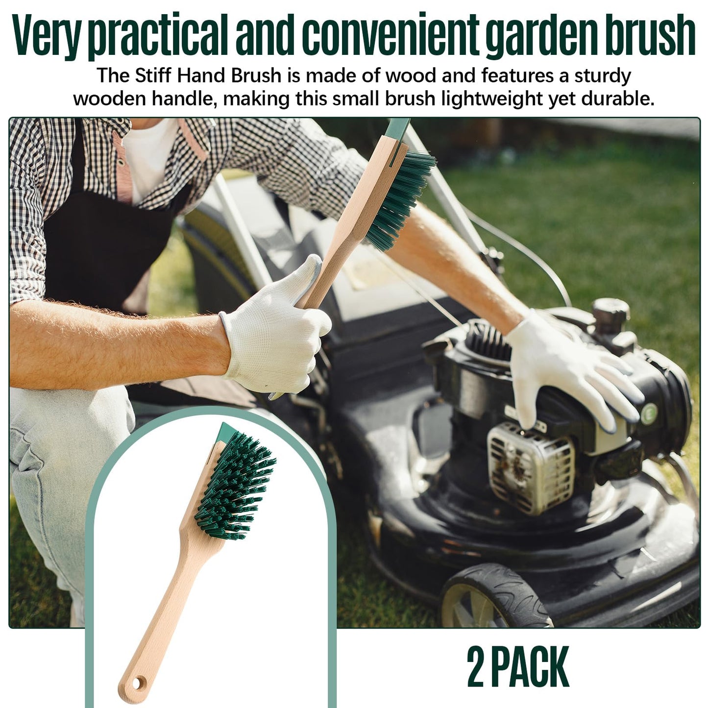 CroBlissful 2 Pcs Heavy Duty Scrubbing Brush Stiff Bristle Brush with Wood Handle and Scraper for Lawn Mower Deck Scraper Cleaning Outdoor Boot Scrub Brushes