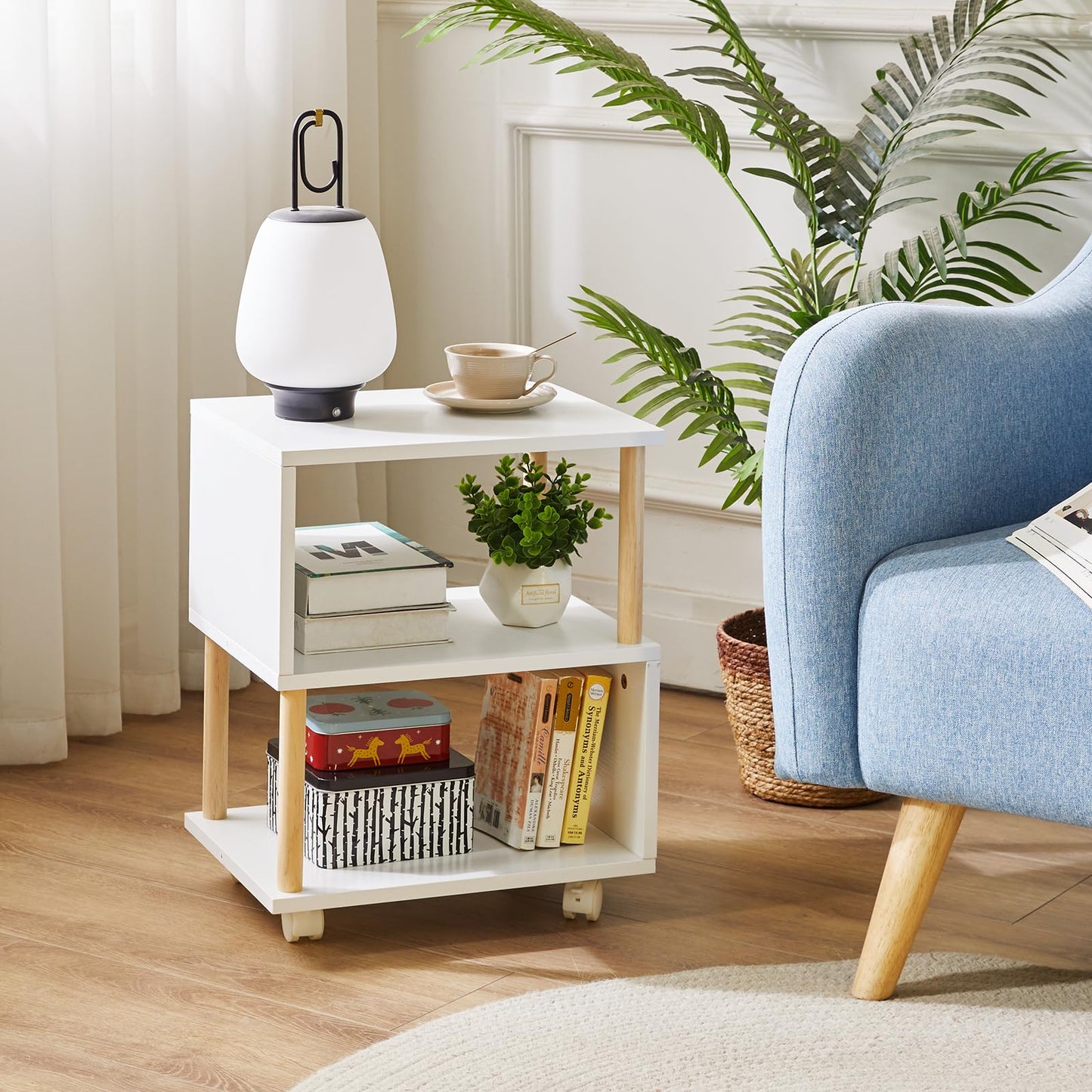 Aibiju Wooden Night Stand with Open Shelf, Nightstand with Wheels, S-Shaped Bed Side Table 3 Tier, 20 inch High End Table White YD-TM155W