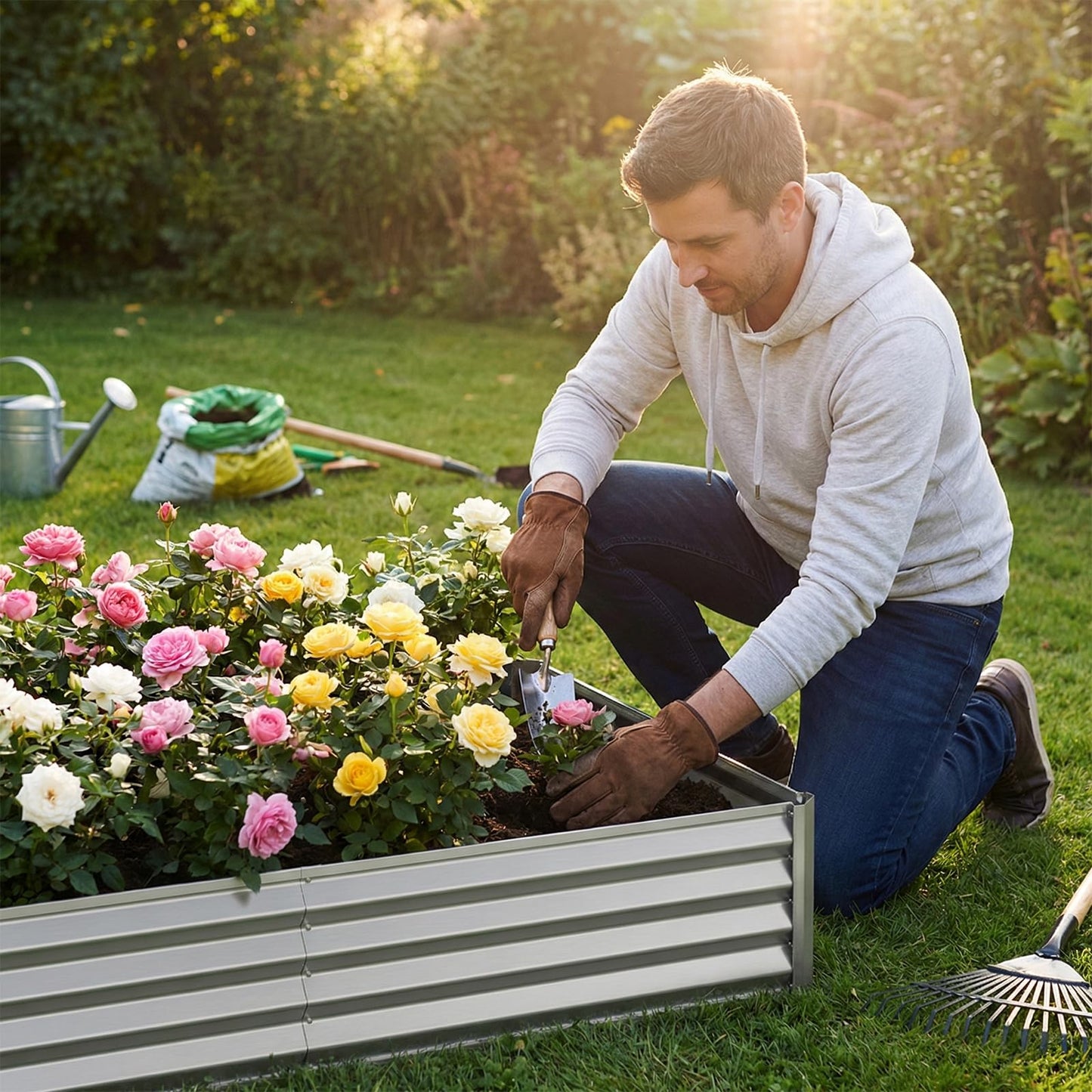 SUPERLELE 8x4x1ft Galvanized Raised Garden Bed, Thickened Metal Planter Box for Outdoor Vegetables & Flowers, Silver Large Garden Bed Kit, 96" L x 48" W x 12" H