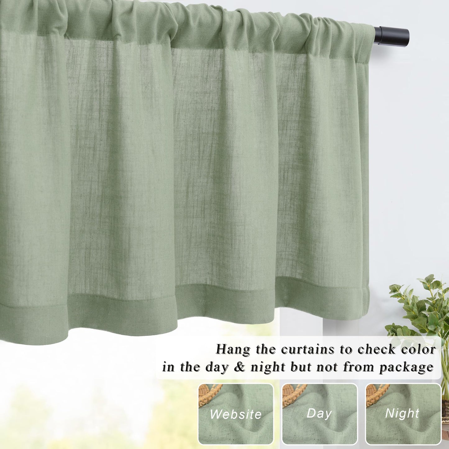 DANCURTON Sage Green Valance for Windows Kitchen Living Room Valance Rod Pocket Boho Farmhouse Country Rustic Bathroom Small Window Treatment Semi Sheer Linen Curtain Valances for Bedroom Light Sage