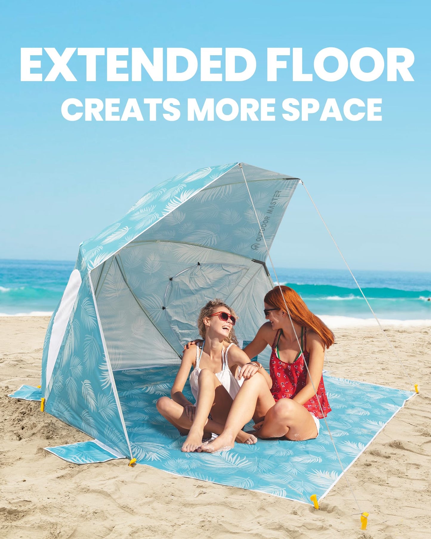 OutdoorMaster Pop Up Beach Umbrella, Portable Tent Shelter, Beach Shade Sun Canopy with UPF 50+ UV Protection, Extendable Floor with Carrying Bag - Blue Feathers