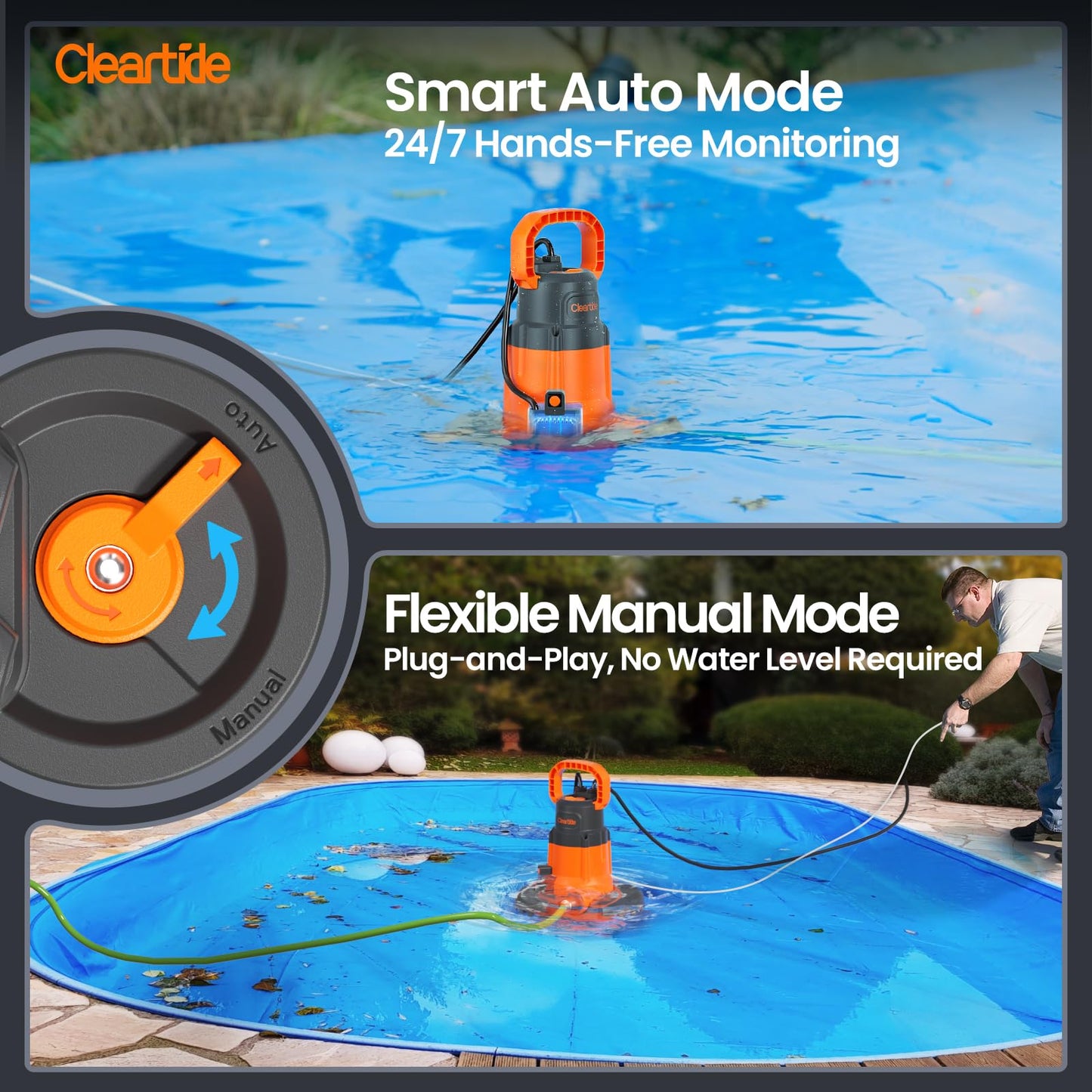 Cleartide Smart Automatic Pool Cover Pump, 1/4 HP 2160 GPH with Auto On/Off & Freeze Protection, Pump for Inground/Above Ground Winter Pool Covers, Dual Mode, 25ft Cord, 120V AC