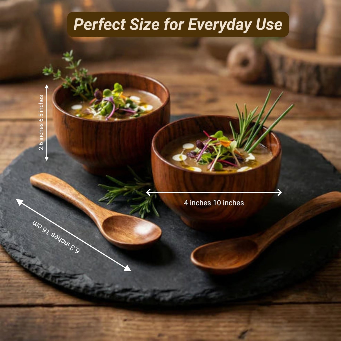Komokey Wooden Bowl and Spoon Set of 4 - Japanese Style Natural Wood Soup Rice Salad Bowls with Spoons, Eco-Friendly Handcrafted Tableware, Housewarming Kitchen Gift
