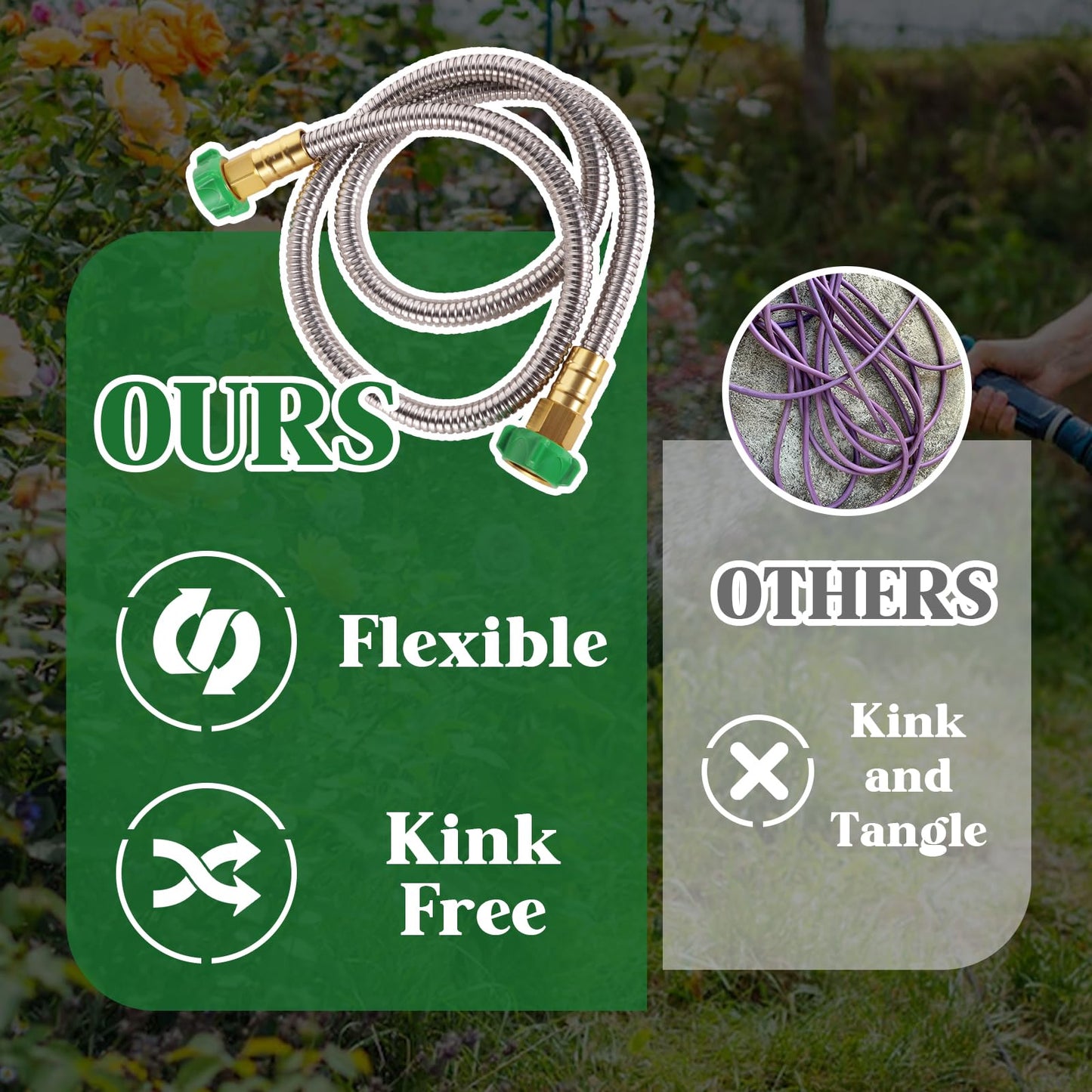 Female to Female Short Garden Leader Hose 4FT,Metal Hose Reel Connecting Hose,Stainless Steel Hose Connector for Hose Reel,Flexible,Kink-Free & No Leak Outdoor Water Pipe Extension Adapter