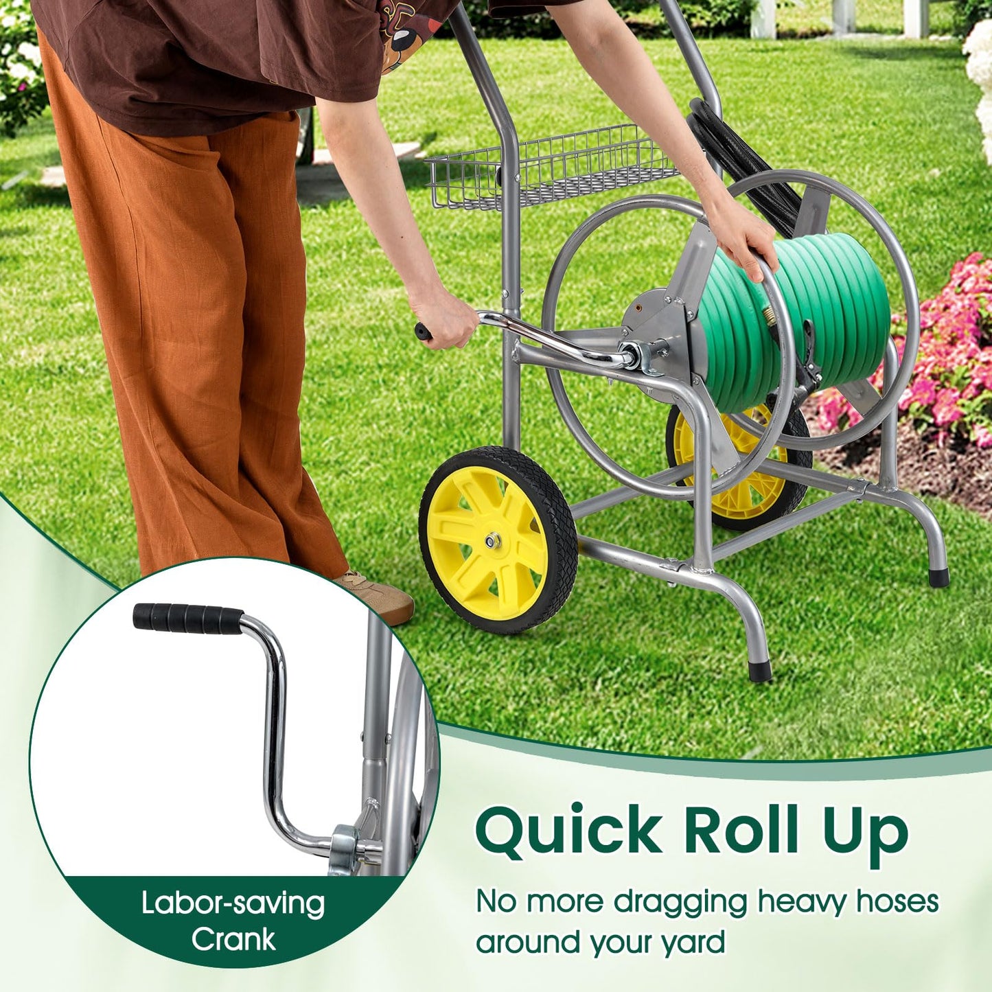 Goplus Garden Hose Reel Cart, 230 FT of 5/8" Large Capacity, Heavy-Duty Metal Hose Cart w/ 2 Wheels, Storage Basket, Portable Water Hose Organizer for Outside Yard, Outdoor Planting Tool