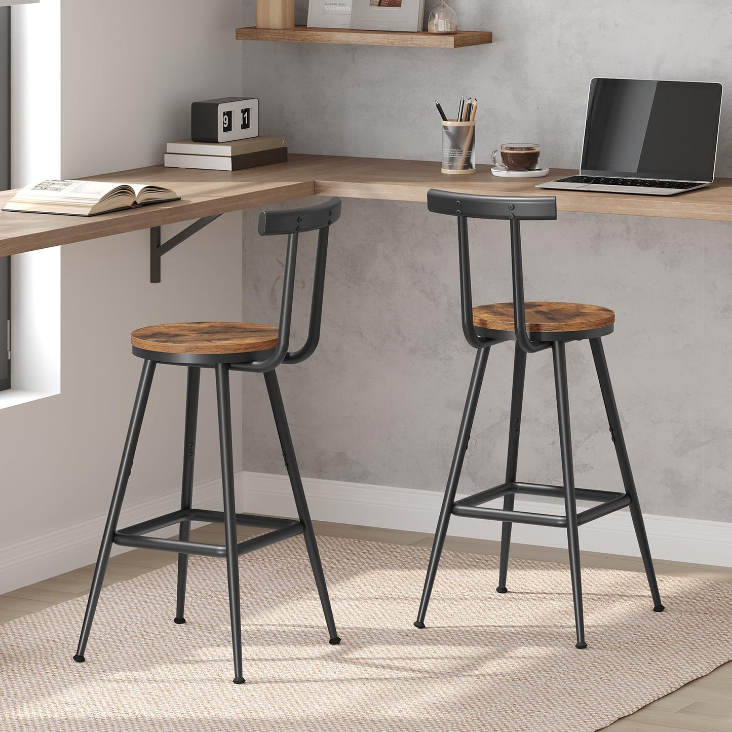 MAHANCRIS Bar Stools, Set of 2 Bar Chairs with Backrest and Footrest, 26" Tall Counter Stools, Metal Frame, Adjustable Feet, Easy Assembly, for Kitchen, Living Room, Pub, Rustic Brown BAHR6001