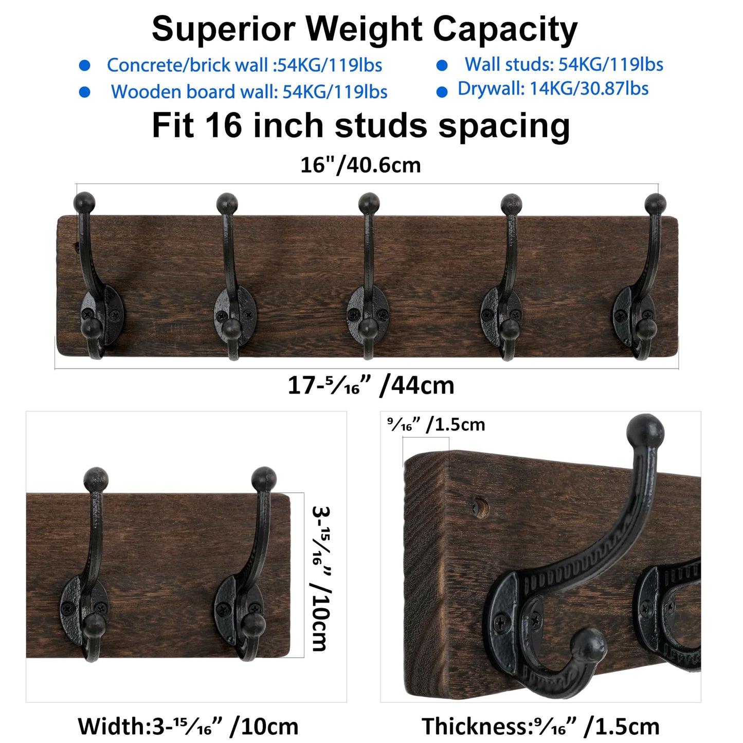 WEBI Rustic Coat Rack Wall Mount,5 Cast Iron Coat Hooks Wall Mounted,Heavy Duty Wood Wall Coat Hanger Hooks for Hanging Coats,Jacket,Clothes,Backpack,Farmhouse,Weathered Brown