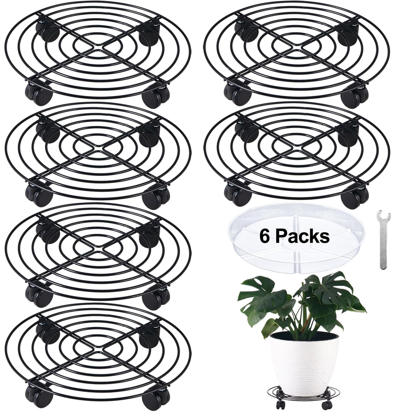 6 Packs 14 Inches Large Metal Plant Caddy with Wheels Rolling Plant Stands Heavy-duty Wrought Iron Plant Roller Base Pot Movers Plant Saucer on Wheels Indoor Outdoor Plant Dolly with Casters Planter Tray