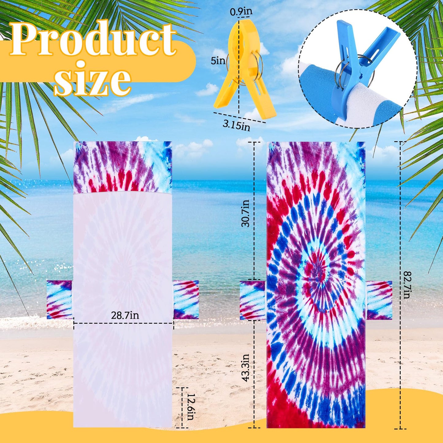 Tudomro 4 Pack Lounge Chair Towel Cover with Pockets and 8 Clips, Chaise Lounge Pool Chair Cover Beach Towel for Outdoor, Garden, Hotel Pool, Sun Lounger, 82.7 x 28.7 Inch(Tie Dye Style)