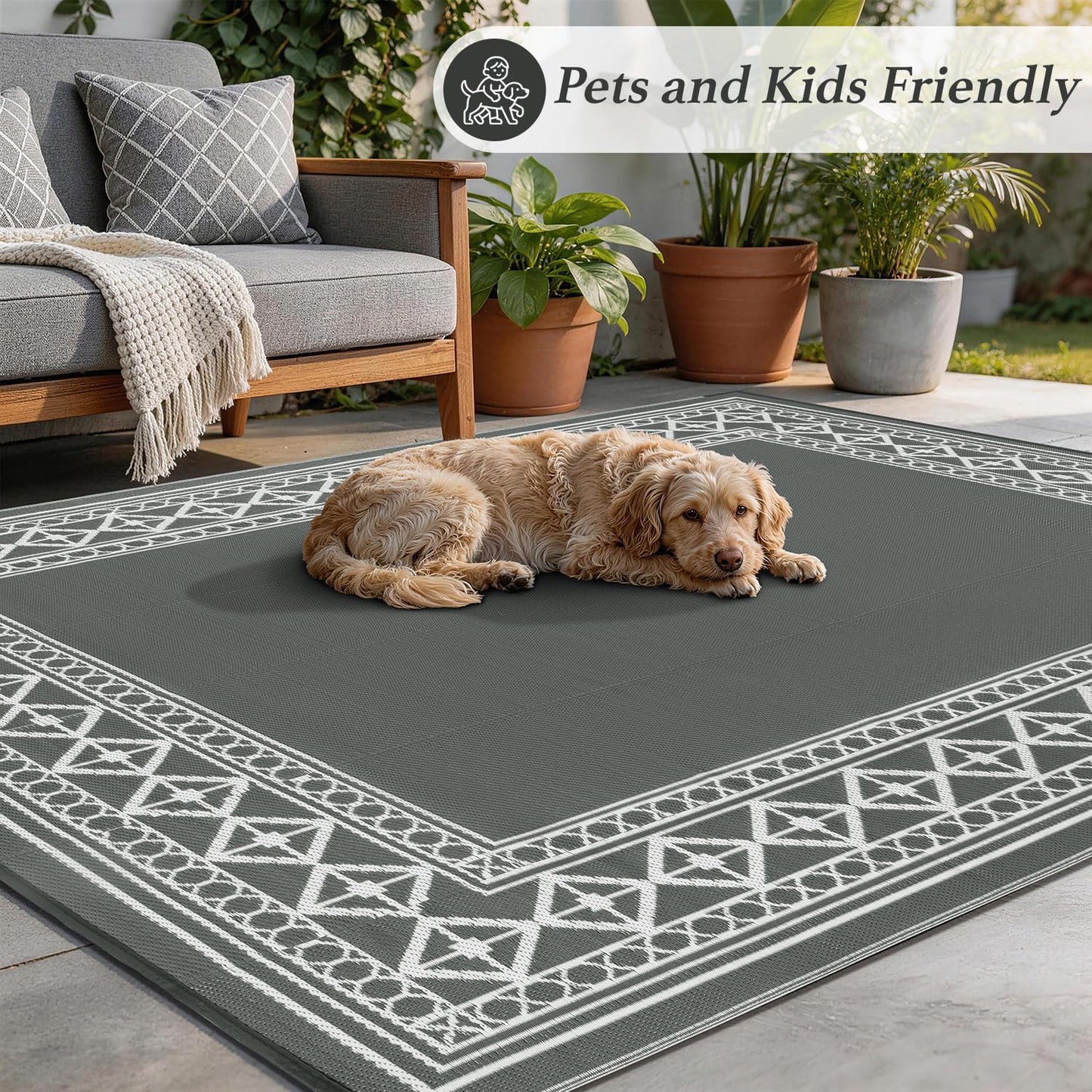 LBRO2M Waterproof Outdoor Rugs 8X10 for Patio Outdoor Plastitc Straw Rug Reversible Outdoor Border Rugs RV Rug for Deck, Pinic, Beach (8X10, Gray)