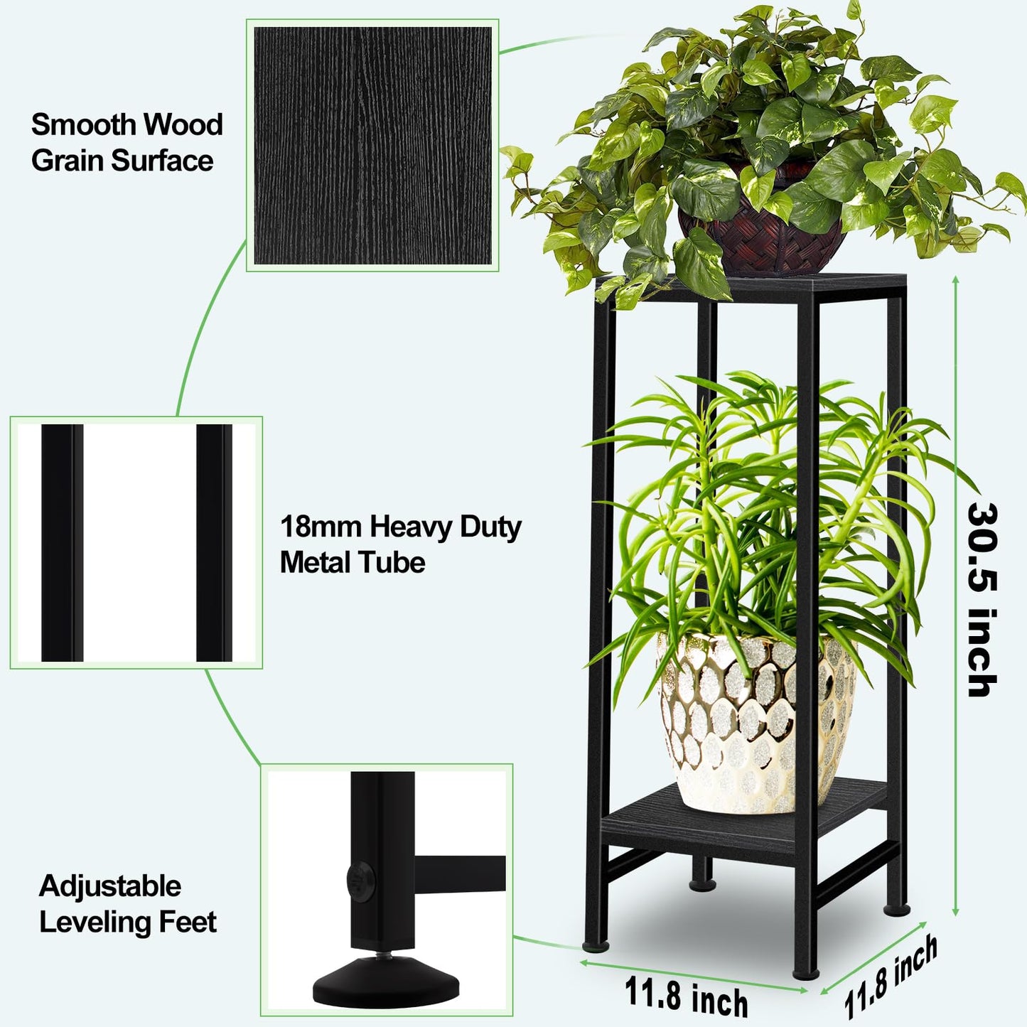 Plant Stand Indoor, Tall Plant stands for Indoor Outdoor Plants, 2 Tier Heavy Duty Plant Shelf 31" Metal Pedestal Stand Modern Corner Flower Stand for Patio, Living Room, Balcony(Black)