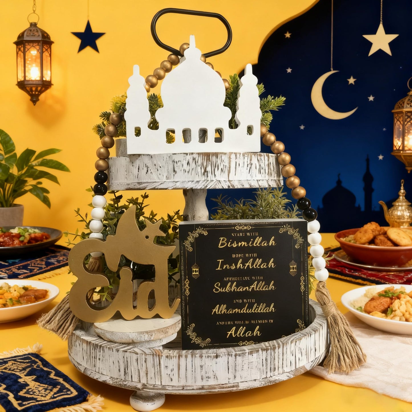 Dazingart Ramadan Decorations Eid Mubarak Table Decor for Home, Islamic Ramadan KareemTiered Tray Decor for Muslim Party Tabletop Decor with Gold Wood Beads Garland with Tassels (Eid)
