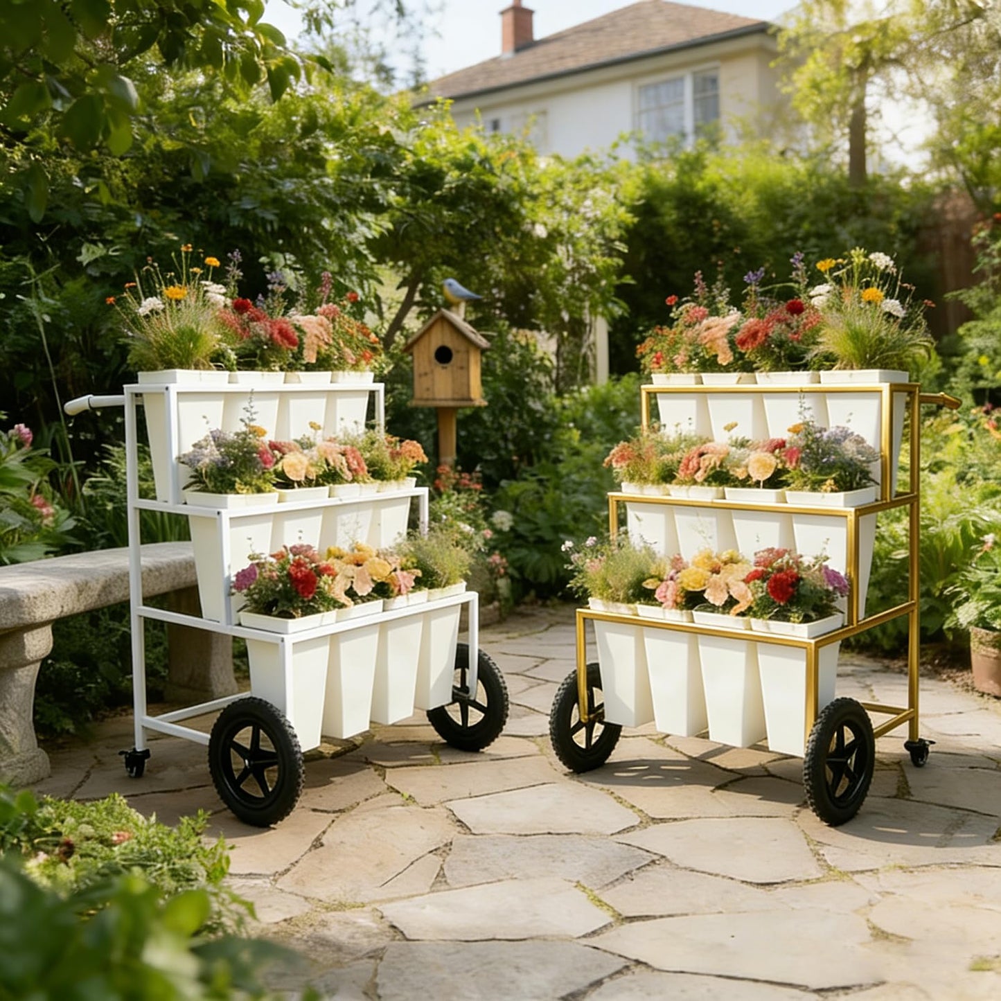 VITNSVILE Mobile Metal Flower Plant Stand, 360° Rolling Flower Display Stand for Indoor Outdoor, Space Saving Flower Bar Stand for Patio, Garden Event White, Black, Gold (White)