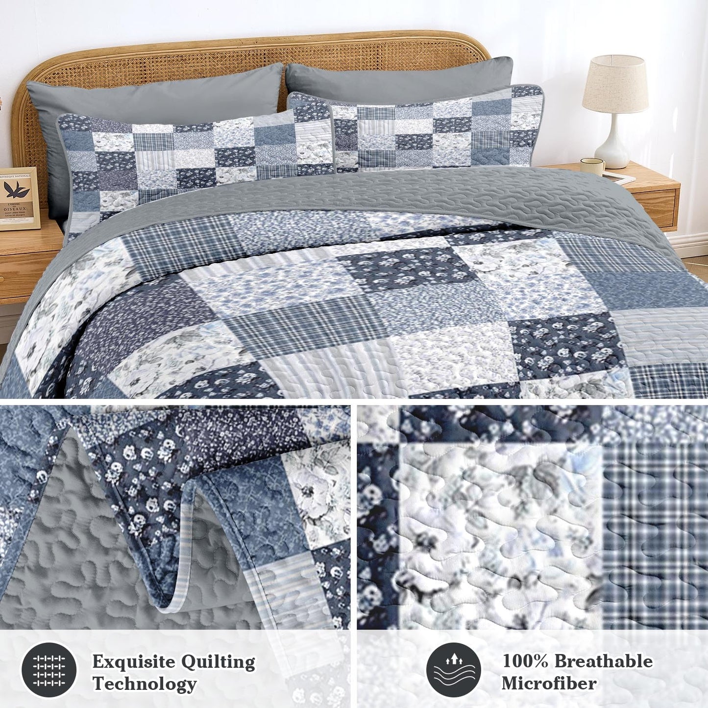 Pamnest Patchwork Quilt Set Queen Size, Floral Boho 3 Pcs Soft Bed Cover Bedding Set, Rustic Blue Farmhouse Lightweight Bedspread Coverlet with 2 Pillow Shams for All Season
