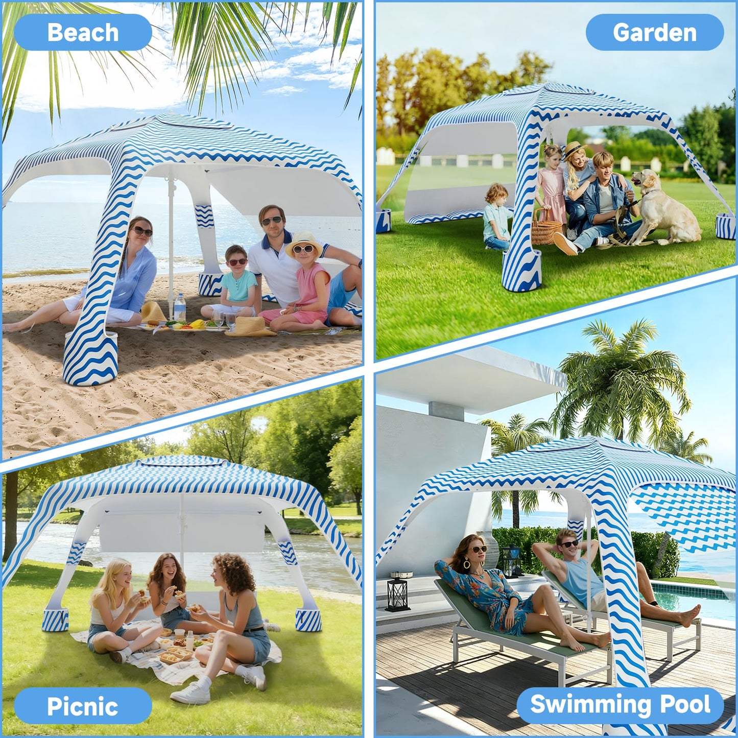 Beach Cabana with 4-Corner, UPF50+ Beach Canopy, Adjustable Height Beach Tent Sun Shelter, Sun Umbrella with Removable Side Wall, Shade Sun Shelter for Beach, Garden, Camping (Wave Pattern)