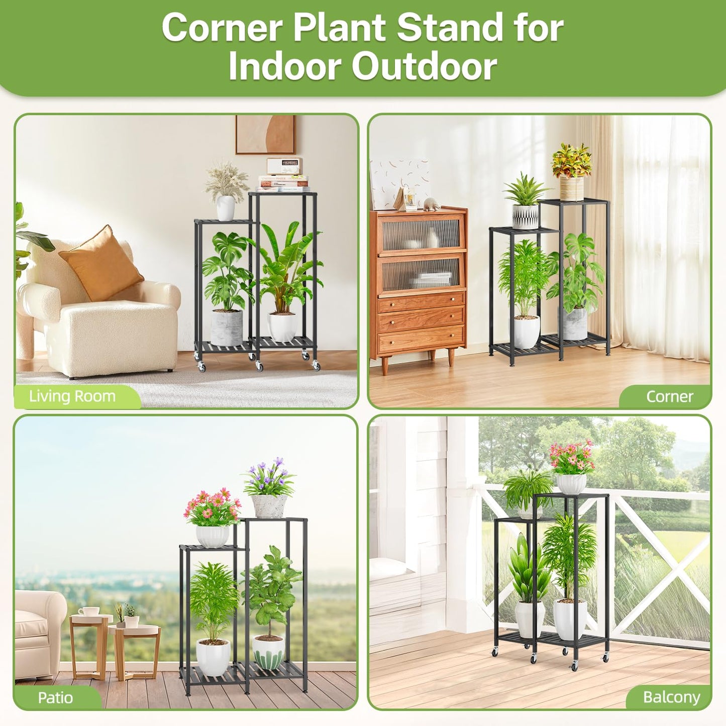iDavosic.ly 4 Tier Plant Stand Indoor with Wheels, Metal Tiered Corner Flower Holder Shelf Outdoor for Large Pots, Tall Rolling Rack for Patio Porch Garden Balcony Living Room, Modern Black