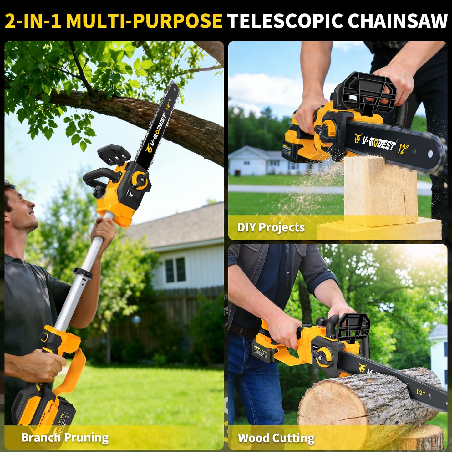 V-MODEST 21V Brushless Telescopic Chainsaw - 12" Lightweight Battery Powered Chainsaw，Cordless Electric Chain Saw with 2 x 4.0Ah Lithium-ion Batteries Chainsaws for Tree Trimming, Branch Pruning