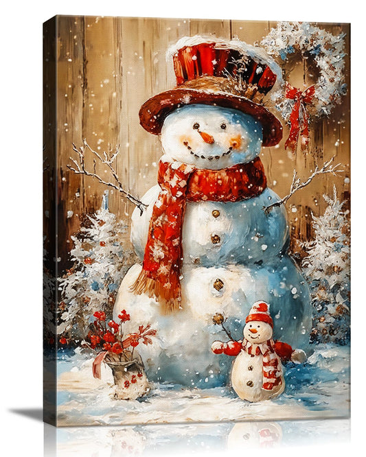 Vintage Snowman Christmas Canvas Wall Art, Framed Rustic Christmas Print Picture for Living Room Bedroom Decor, Ideal Christmas Wall Art Decorations and Holiday Gifts