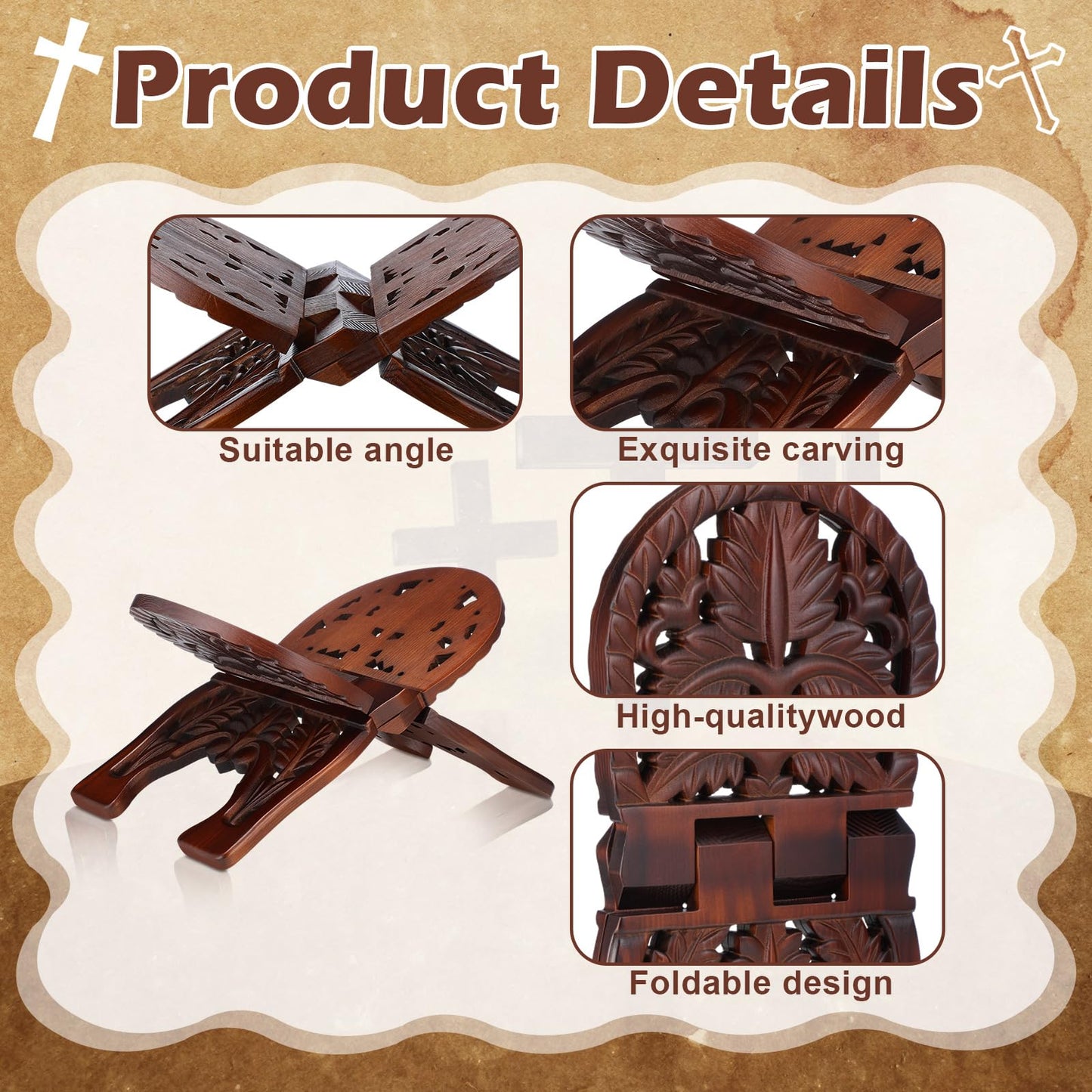 Cinnvoice Quran Holder Stand Bible Holder Stand 13.4 x 8.5 x 6.3 Inches Wood Ornate Carved Missal Book Display for Ramadan Rihal Rehal Quran Bible Gita Prayer Book Display
