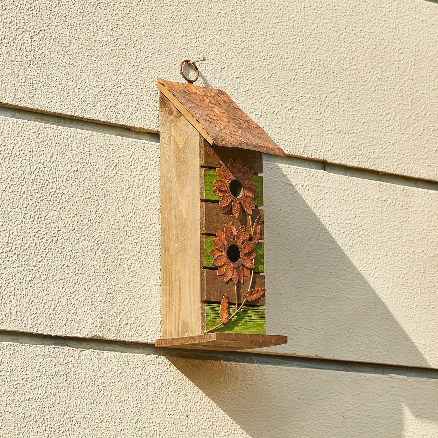 Glitzhome Bird Houses for Outside, 14.45" H Wooden Garden Hanging Bird House Two-Tiered Distressed with Flowers Decorative Birdhouse for Outdoors