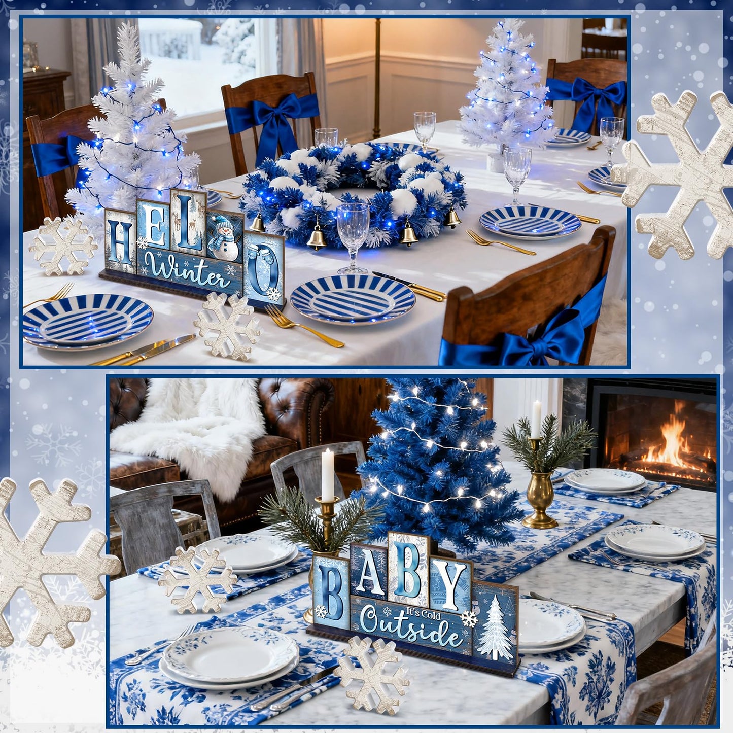 Thyle 3 Pcs Winter Wooden Table Decor Reversible Hello Winter Baby It's Cold Outside Centerpiece Blue and White Tray Decor Double Side Snowflake Blocks Sign for Farmhouse Tabletop Home Office Shelf