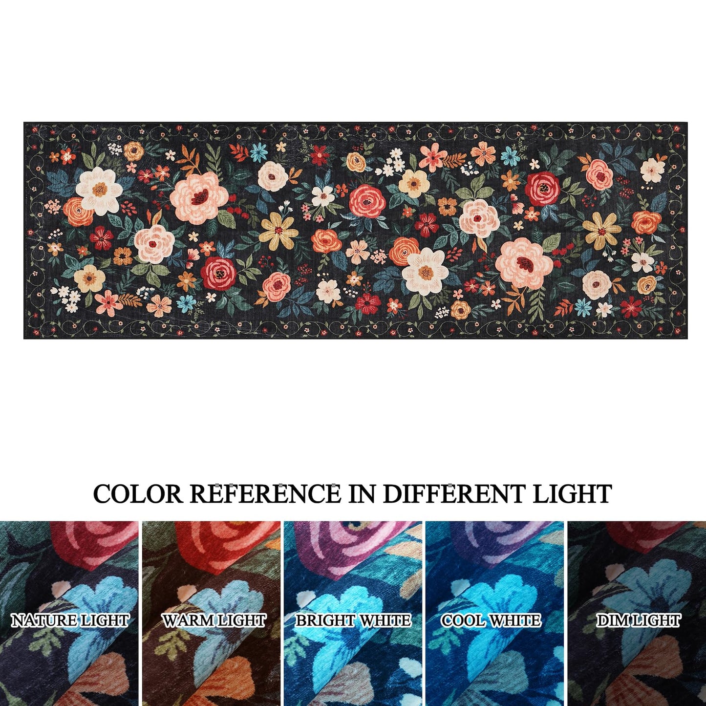 DUKINO 2x6 Runner Rug for Hallway, Washable Kitchen Runner Rug with Non Slip Backing, Low Pile Soft Boho Floral Runner for Kitchen, Hallway, Entryway, Laundry, Bedroom, Black
