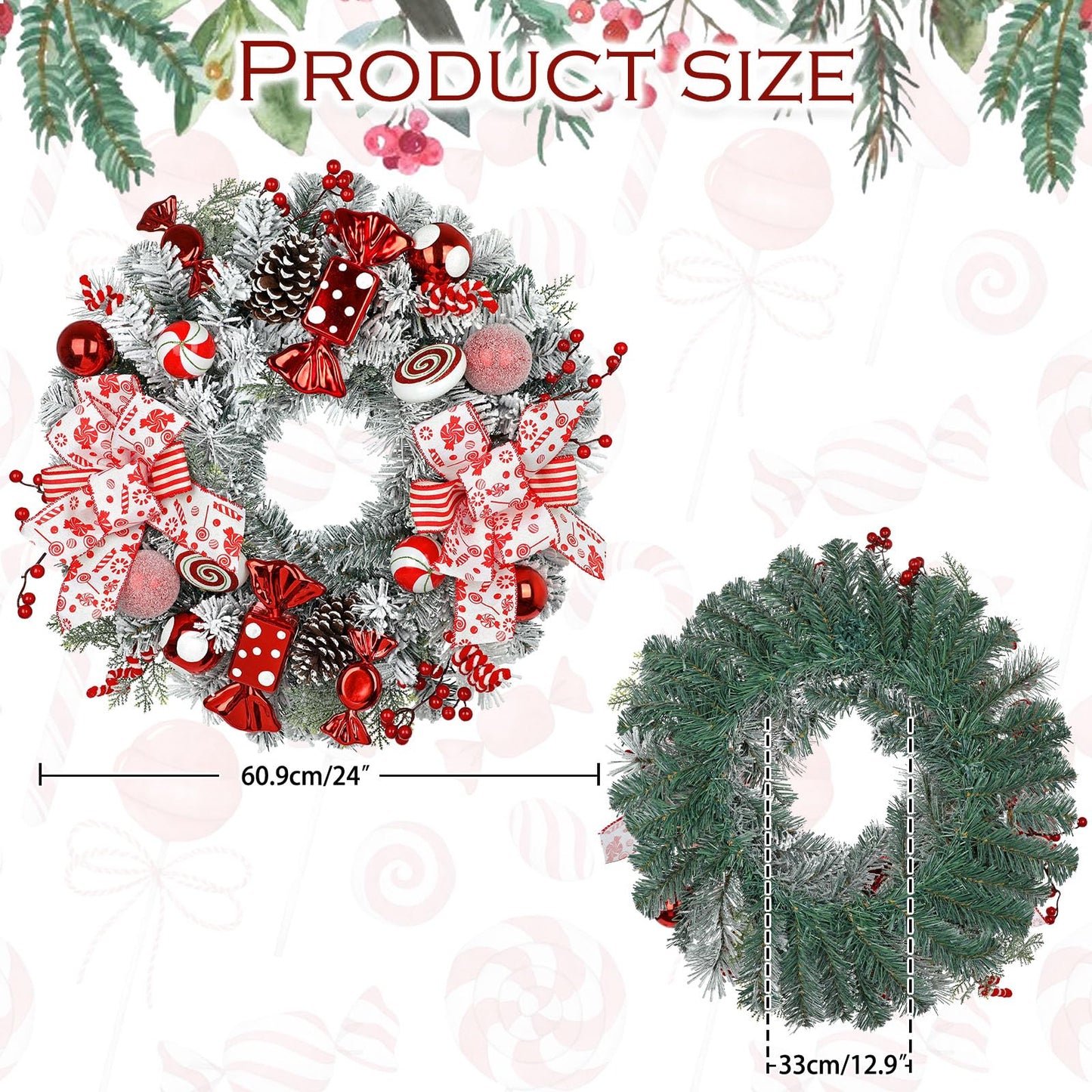 24" Artificial Christmas Wreath with Red Candy Accents, Double Ribbon Bows, Pine Cones & Ornaments, White Cedar Base for Christmas Thanksgiving Winter Holiday Front Door and Wall Decoration