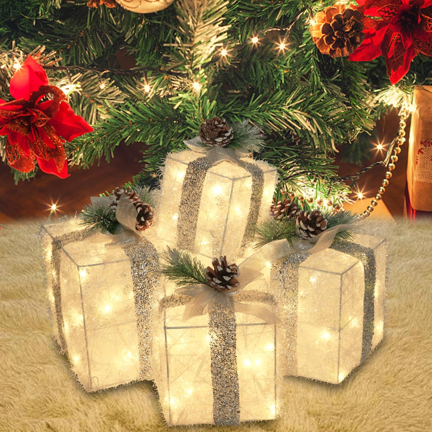 COVFEVER Set of 4 Christmas Lighted Gift Boxes, Pre-lit Light up Present Set with Different Sizes for Holiday Indoor Outdoor Decorations - Battery Operated(Warm White)
