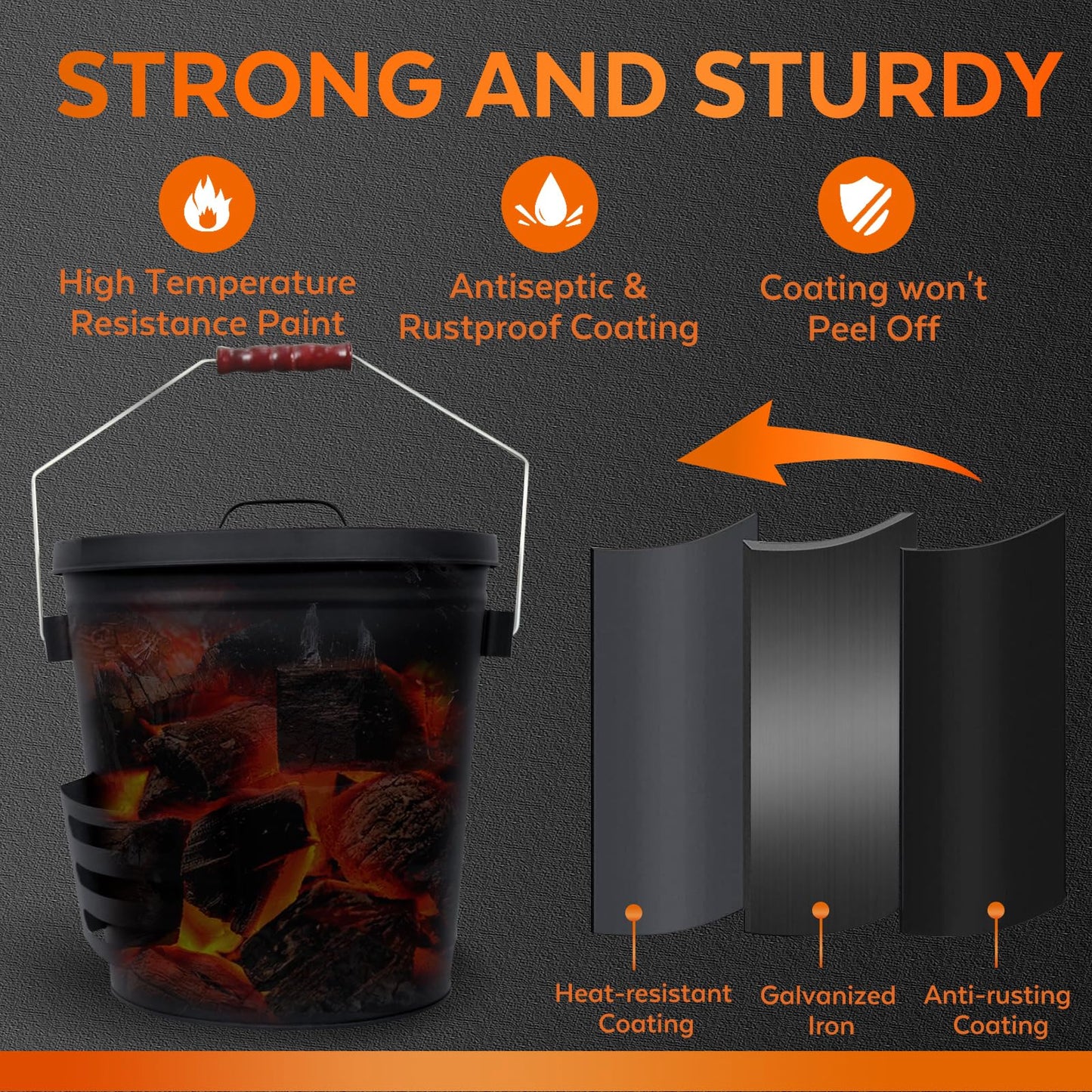 KEFIY 5.2 Gallon Ash Bucket with Lid and Shovel, Metal Fireplace Ash Bucket with Broom, Complete Fireplace Tools Set for Wood Stove and Fireplace